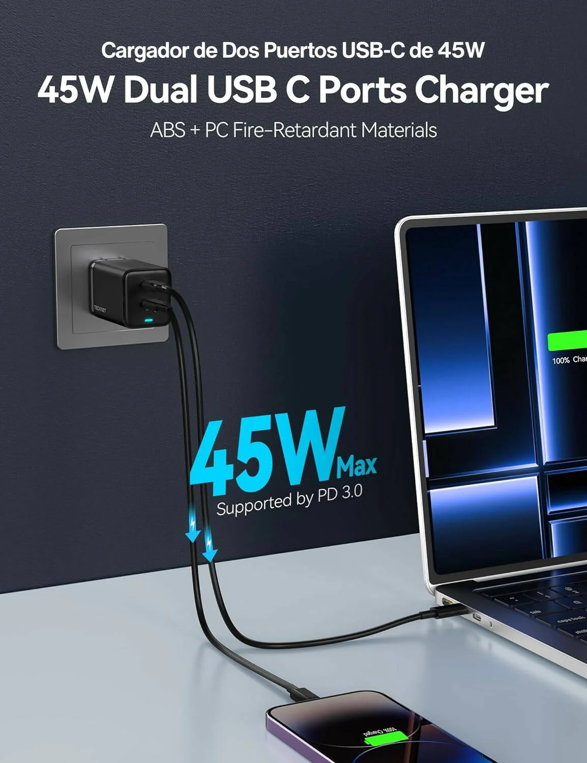 Cargador TECKNET Tipo C (USB-C) de 45W GaN, Carga Rápida PPS con Doble Puerto - Image 2